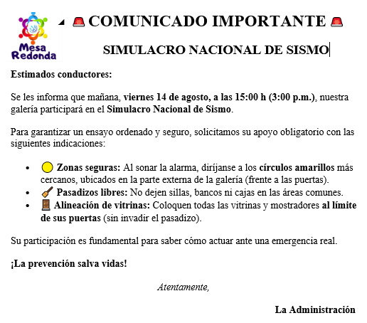 comunicado sismo